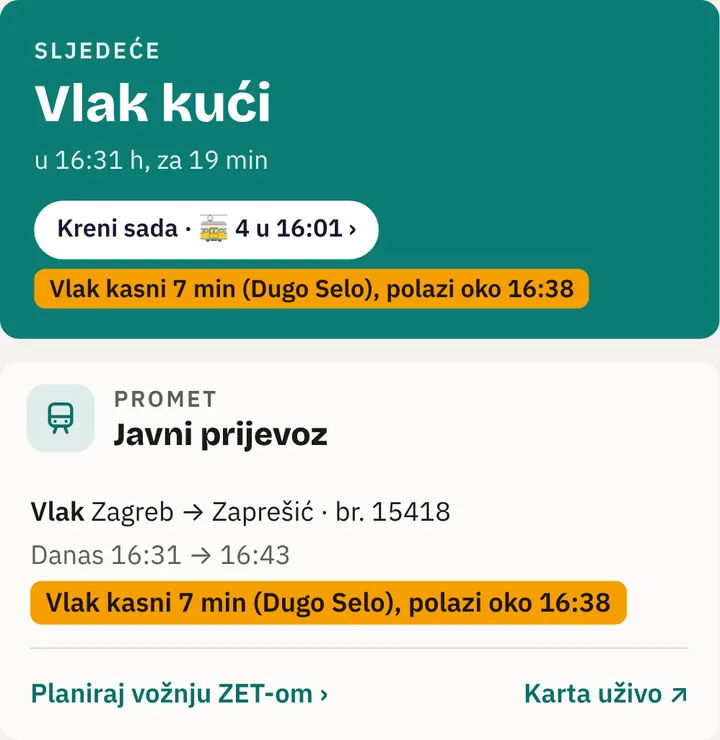 Kartica Sljedeće i Promet: vlak kasni 7 minuta